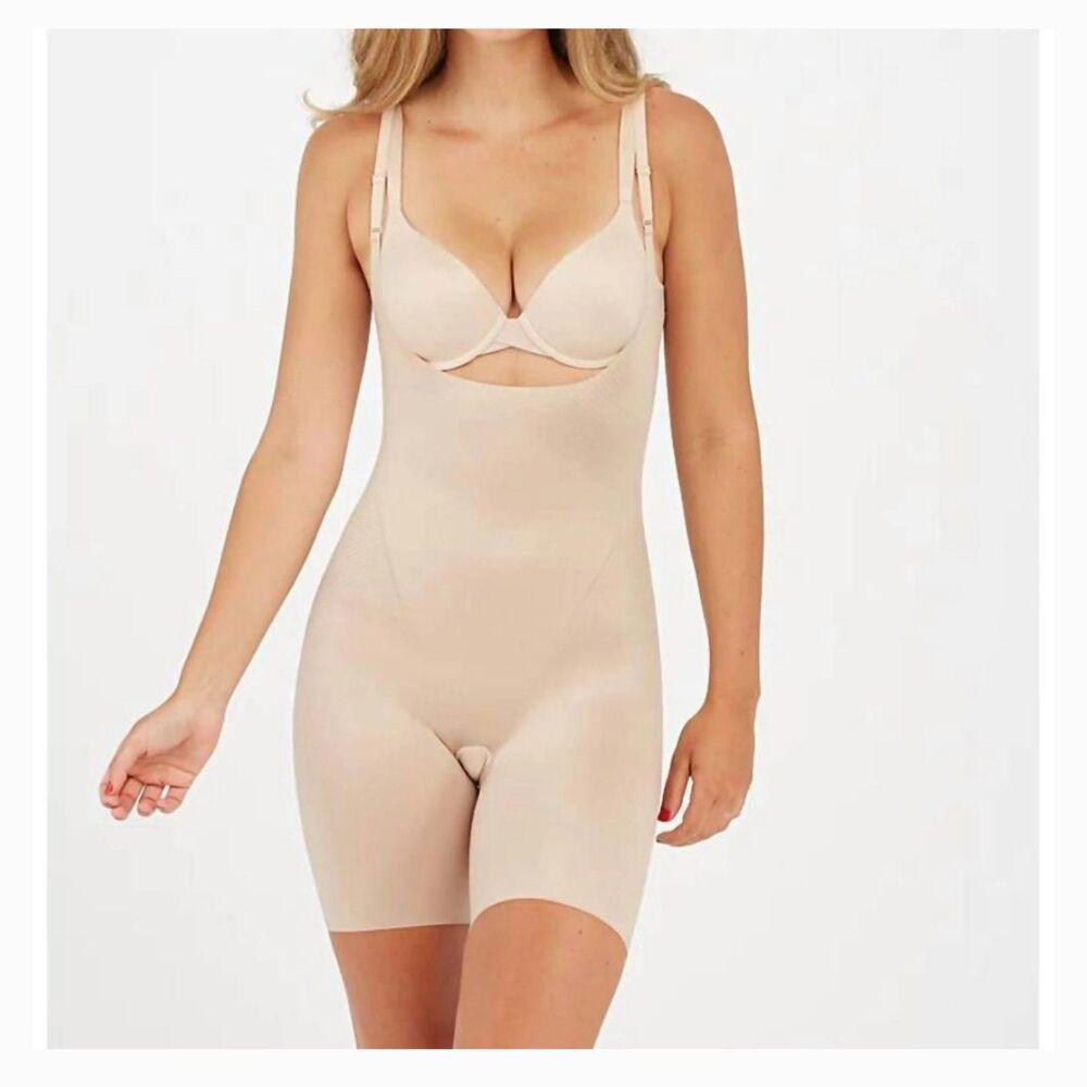Spanx Slimplicity Open-Bust Mid Thigh Bodysuit Size 2X Nude Shape Wear Plus Size